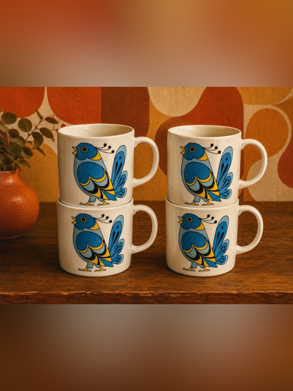 Vtg Retro Blue Bird Coffee Mugs Japan Set of 4 MCM Scandinavian Style